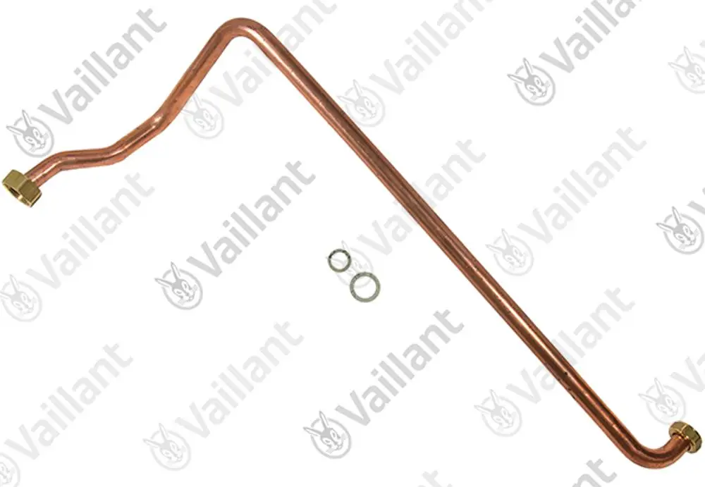 Kupferrohr von Vaillant mit zwei Gewindeanschlüssen und zwei Dichtungsringen. Das Rohr hat eine gebogene Form und dient vermutlich zur Verbindung von Heizungs- oder Wasserleitungen.
